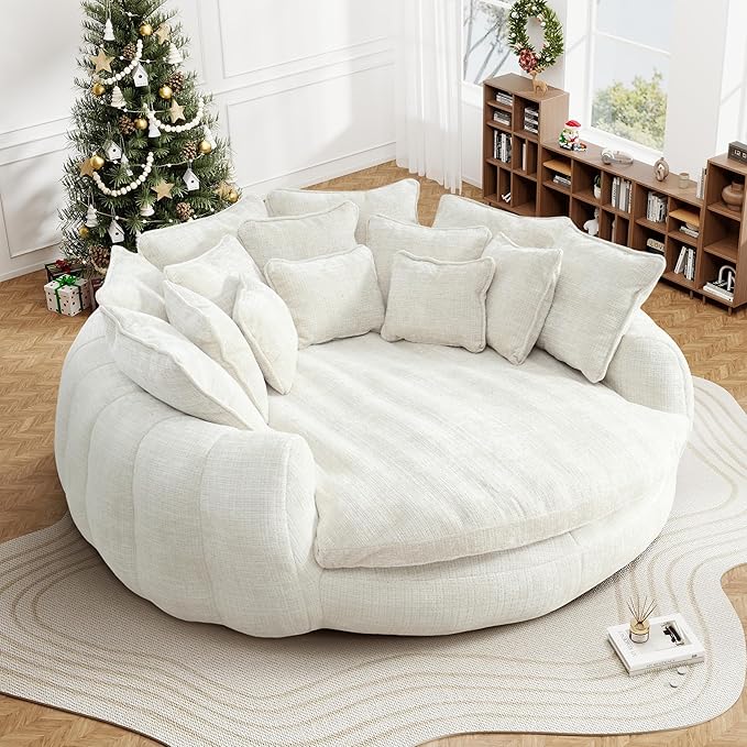 82'' Oversized Upholstered Sofa Bed Round Chaise Lounge Chair Indoor Modern Chenille Boneless Couch No Assembly Required Plush Sleeper Chair with 14 Pillows for Living Room Beige