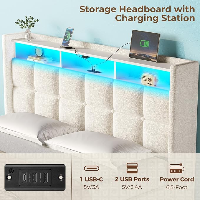 Rolanstar Bed Frame Full Size with Lift Up Storage Charging Station &amp LED Lights Upholstered Storage Headboard Heavy Duty Wooden Slats No Box Spring Needed Noise Free Easy Assembly Beige