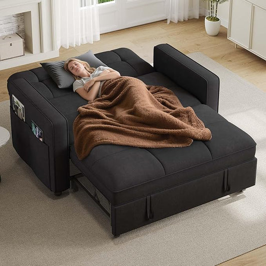 YITAHOME 3-in-1 Convertible Sofa Bed Modern Loveseat Sleeper with Pull-Out Chaise USB Charging Ports Side Pockets Compact Sofa for Living Room Bedroom Apartment Black