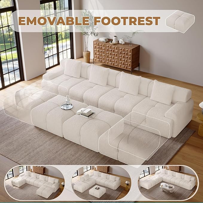 135 Modern L Shaped Modular Sectional Sofa 6 Seater Convertible Chenille Cloud Couch Sofa Set Boneless Couches for Living Room with Ottoman No Assembly Required White