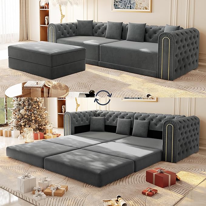 Polibi 90.6 3-in-1 Convertible Sleeper Sofa Bed Velvet Tufted Modern 3-Seater Couch with Movable Ottoman &amp Gold Trim King Size Sleeper for Living Room Apartment Dark Grey