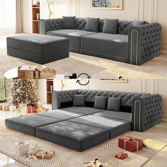Polibi 90.6 3-in-1 Convertible Sleeper Sofa Bed Velvet Tufted Modern 3-Seater Couch with Movable Ottoman &amp Gold Trim King Size Sleeper for Living Room Apartment Dark Grey