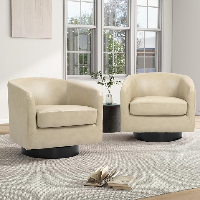 Swivel Barrel Chair Modern Round PU Leather Accent Armchair for Living Room Bedroom Oversized Comfy Club Reading Chairs for Adults (Leather Cream Set of 1)