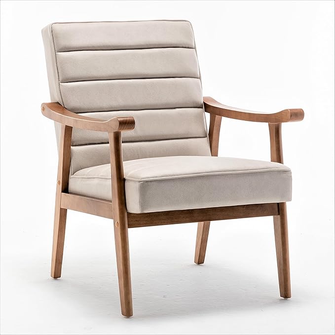 Unique Mid Century Modern Accent Chair with Open-Framed Armchair Design Plush Foam Cushioning and Leather-Look Microfiber Seat and Back Cushions Beige