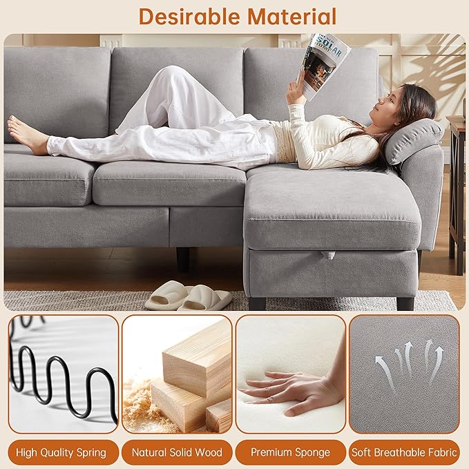 Convertible Sectional Sofa 79 Modern L Shaped Couch Linen Upholstered 3 Seat Sofa with Reversible Chaise Couches for Living Room Apartment Light Grey