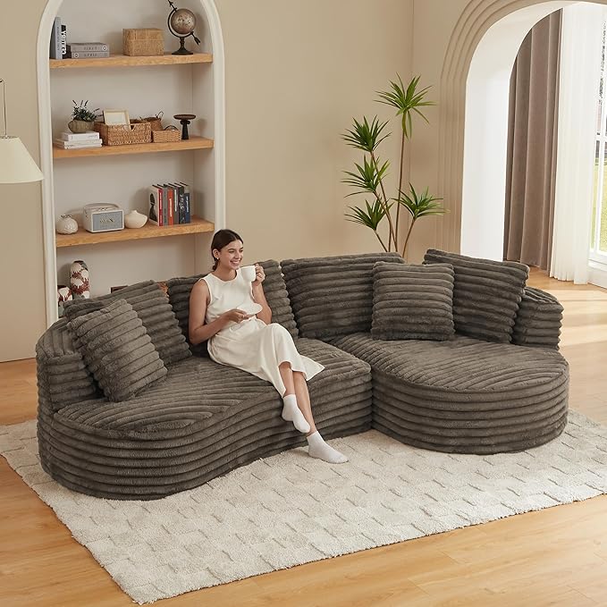 Modern Curved Boneless Sectional Sofa Oversized Minimalist L-Shape Corduroy Sponge Sofa with Round Chaise Comfy Sleeper Couch for Living Room Apartment Reception Spaces 4 Seat Brown Right Chaise