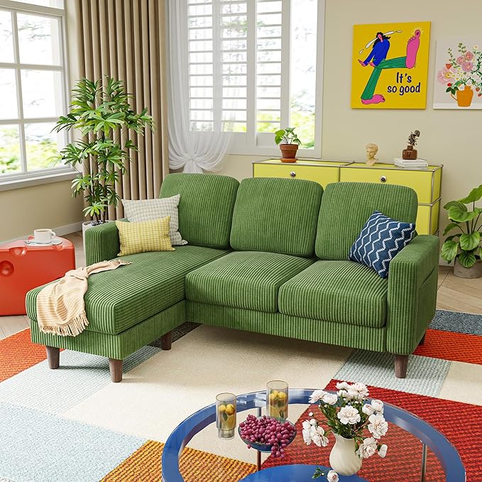 YESHOMY Couches for Living Room Sofa with Movable Ottoman Small Couch with Reversible Chaise and Side Pockets L Shaped Couch for Small Space Apartment (Corduroy Green)