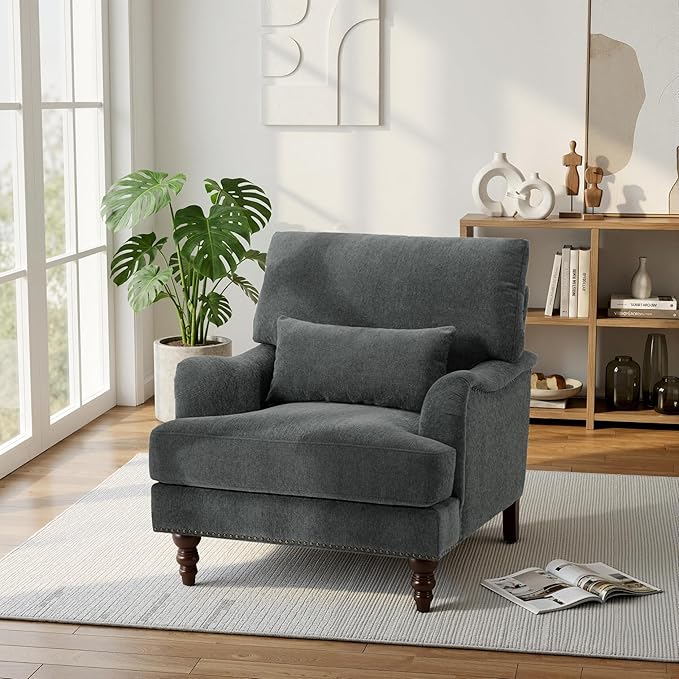 Accent Chair for Living Room Upholstered Armchair with Nailhead Trim &amp Solid Wood Legs Mid Century Modern Chenille Club Chair for Bedroom/Reading Room Gray