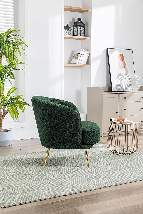 30.32 W Accent Chair Upholstered Curved Backrest Reading Chair Single Sofa Leisure Club Chair with Golden Adjustable Legs for Living Room Bedroom Dorm Room (Green Boucle)