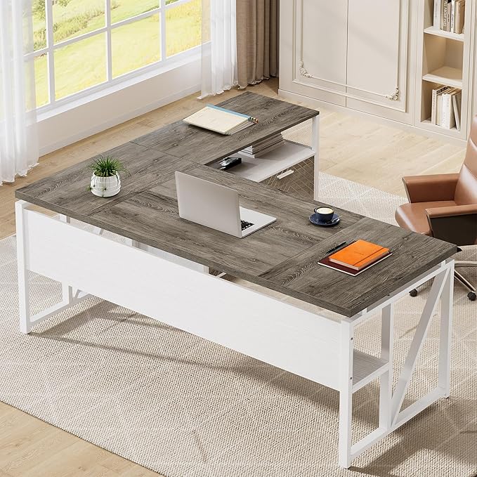 Tribesigns L-Shaped Desk with Drawers 63 Executive Office Desk with Mobile File Cabinet and Storage Shelves Home Office Business Furniture Set (Gray White)