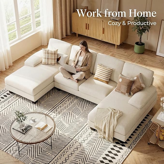 Homall Modular Sectional U Shaped Sofa Couches for Living Room Comfy Chenille 4 Seat Sofa Set with Removable Pillows Lounge Chaise Upholstered Couch for for Apartment (Chenille White)