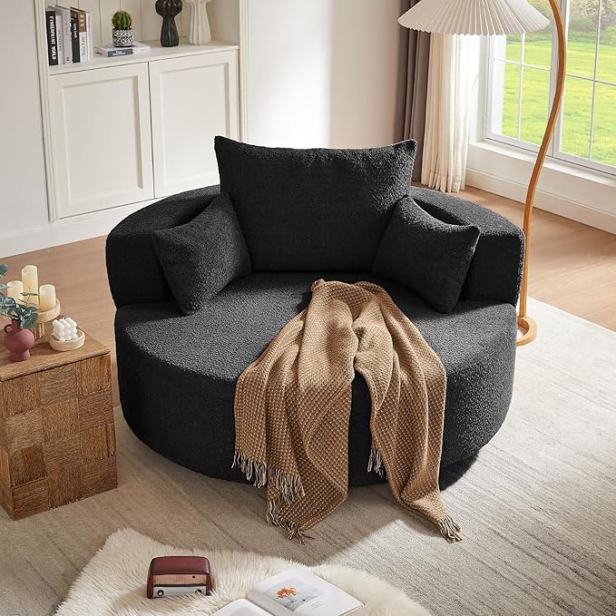 360° Swivel Chair Accent Chair with 3 Removable Pillows Modern Chenille Fabric Barrel Chair Swivel Round Sofa Chair for Living Room Bedroom Office and Hotel