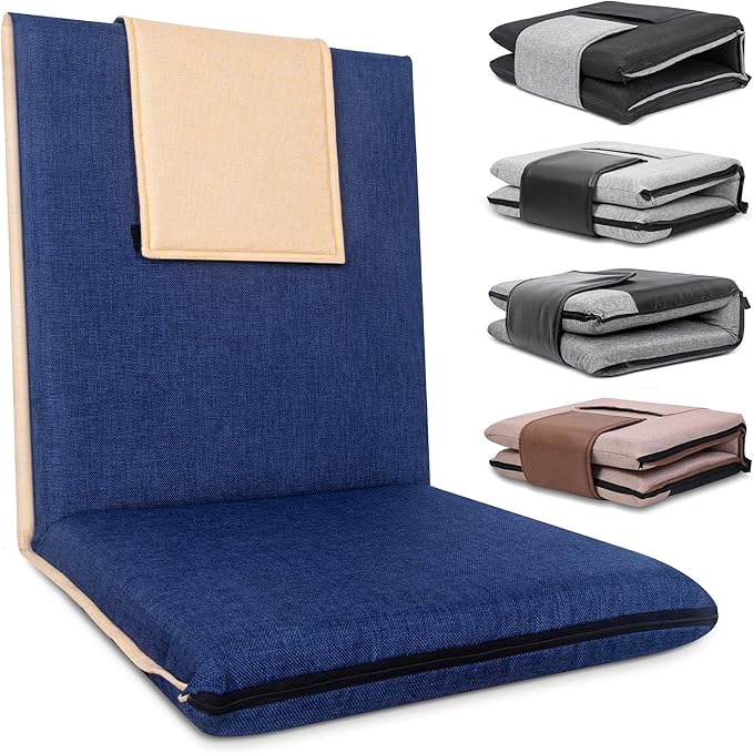 14-Position Adjustable Floor Chair with Back Support - Portable Gound Seating for Adults &amp Kids Foldable Meditation Chair with Japanese KOYO Bearings &amp Washable Linen Cover (Blue)