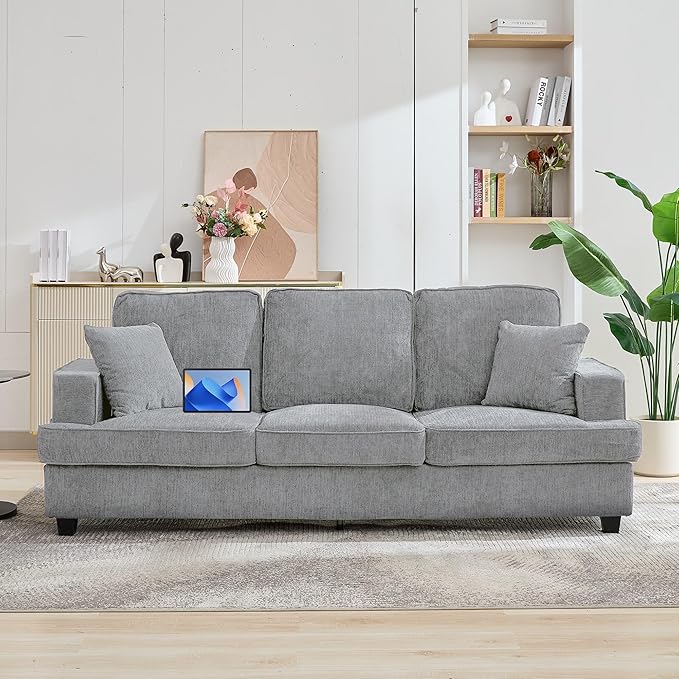 Three Seater Couch for Living Room Sofa Couches with Deep Seat &amp Armrest Comfy Modern Sofas in Chenile for Living Room Bedroom Office Apartment Pewter