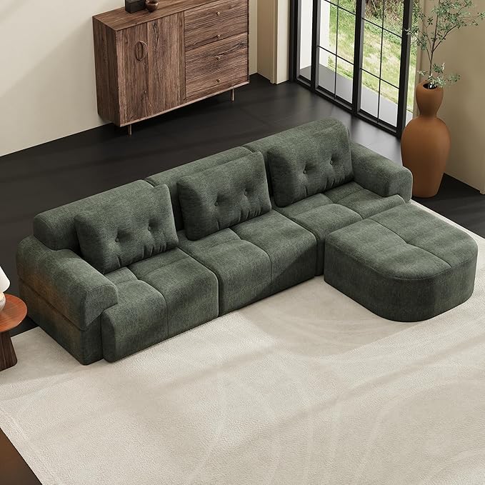 Boneless L-Shaped Modular Couch - 110 Inch Cloud Chenille Compression Sectional SofaNo Assembly Required Ideal for Apartments &amp Living RoomsBlackish Green