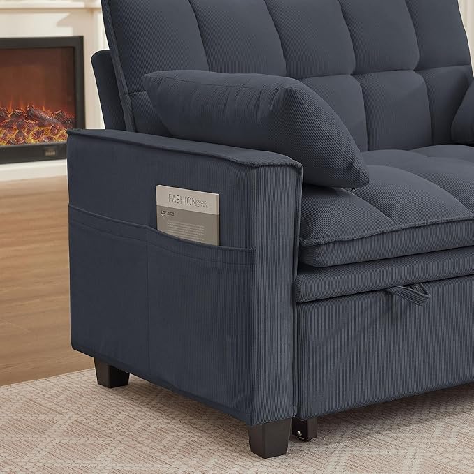 Sleeper Sofa with Pull Out Couch Bed 48.43 Convertible Pull-Out Sofa Bed Chair 3-in-1 Futon Couch with Reclining Backrest and Side Pockets for Living Room Bedroom Apartment Dark Grey