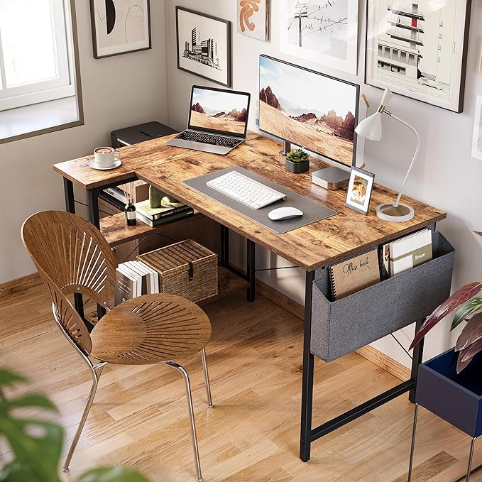 CubiCubi L Shaped Desk 55 Computer Table with Reversible Storage Shelves Home Office Corner Study Writing Gaming Rustic Brown