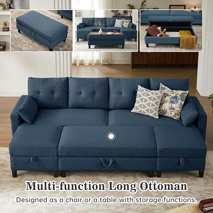 101 Convertible Sectional Sofa Modern Linen Fabric U-Shaped Couch with Reversible Chaises and Ottoman Coffee Table 4 Seat Sofa Couches for Living Room Apartment Office Blue