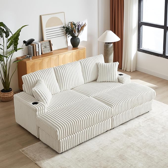 Aoowow 84 Corduroy Oversized 3-seater sofa with 2 Ottomans Modular Sectional Deep Seat Sofa with Back and Toss Pillows Modern Comfy Sofa with 2 Storage Spaces and Cup Grooves for Living Room Beige