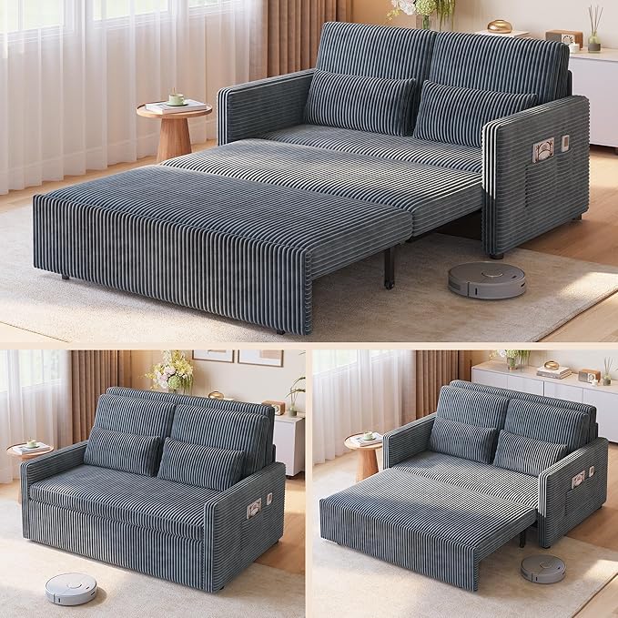 Ahomly 77.2'' Extended Pull Out Sofa Bed 3-in-1 Convertible Loveseat Sleeper Couch Bed Corduroy Sofa for Living Room Bedroom Apartment Dark Grey