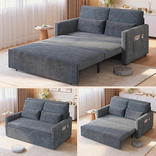 Ahomly 77.2'' Extended Pull Out Sofa Bed 3-in-1 Convertible Loveseat Sleeper Couch Bed Corduroy Sofa for Living Room Bedroom Apartment Dark Grey