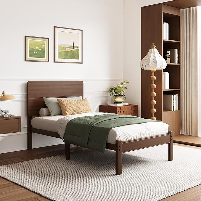 14in High Solid Bamboo Wood Platform Twin XL Bed Frame with Headboard Reinforced Heavy Duty Metal Slats Noise Free No Box Spring Needed Easy Assembly Walnut