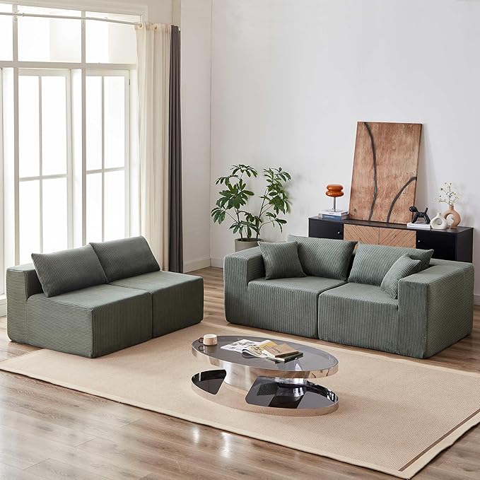 104 Viral Modular Boneless Cloud Couch Deep Seat Memory Foam Compressed Sectional Sofa with ChaiseL-Shaped Corduroy Couch for Living RoomNo Assembly RequiredGreen