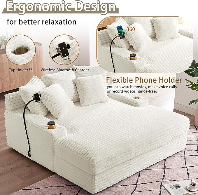 65.35 Oversized Chaise Lounge Chair for 2 Upholstered Sleeper Sofa Bed with Cup Holders | Charging Station | Removable Backrest | Backrest Pilow Fluffy Chair Sofa Couch for Living Room Beige