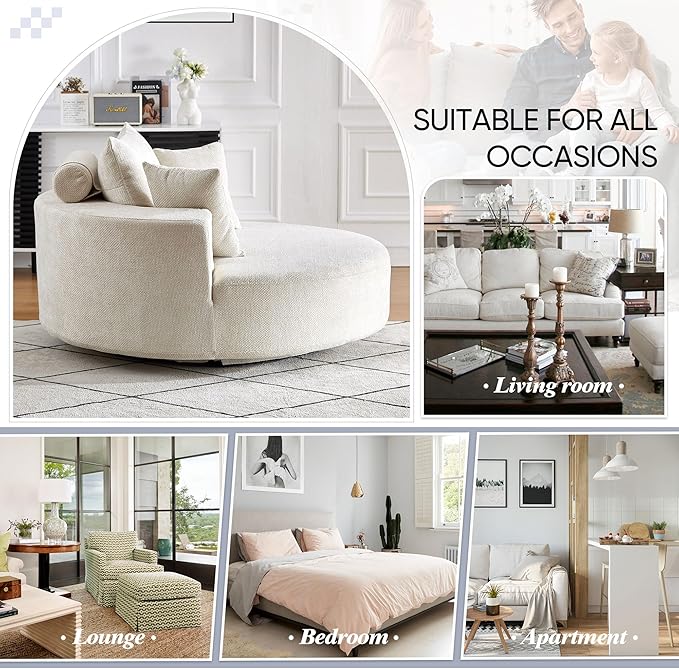 SLEERWAY 55W Oversized Swivel Accent Chair Large Barrel Chairs Upholstered Round Swivel Chair Chenille Single Sofa Armchair Modern Sleeper Chair for Living Room Lounge and Projection Room Beige