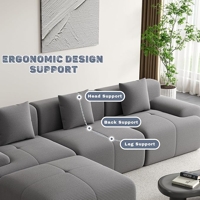 120 Cloud Modular Sectional CouchBoneless SofaL-Shape Upholstered Sofas with Deep SeatModern Cozy Corduroy Couches with Memory FoamNo Assembly Required for Living Room(Dark Grey)