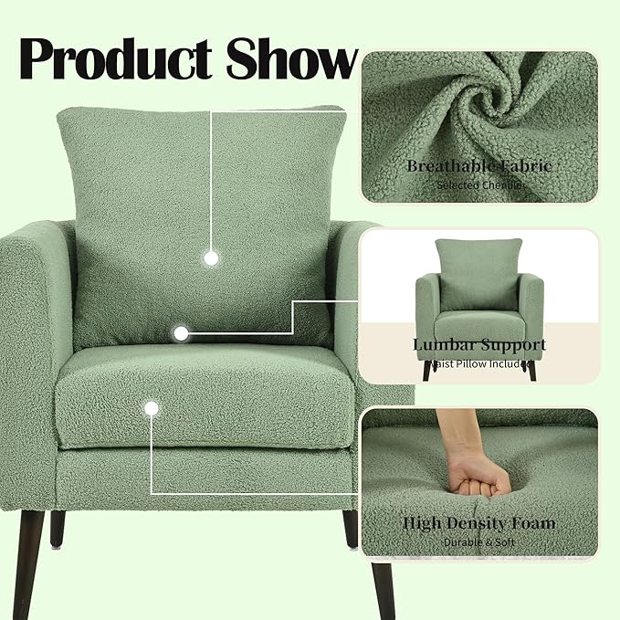Modern Upholstered Accent Chair Mid-Century Lounge Armchair with Pillow Comfy Reading Side Accent Chairs Single Sofa Chair with Wood Legs for Living Room Bedroom (Green++Teddy)