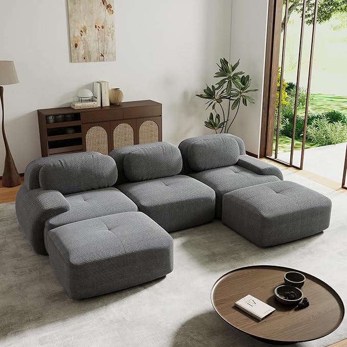 117.3” U Shaped Boneless Couch with Ottoman Corduroy Modular Sectional Sofa Comfy 5 Seater Cloud Sofa Sectional Deep Seat Modern Upholstered Couches for Living Room No Assembly Required