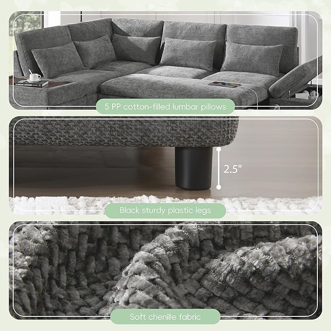 Modular Sectional Sleeper Sofa Bed 107'' Pull Out Bed Sectional Sofa with Free Movement Storage Ottoman L-Shape with Wide Seats Oversized Chenille Sofa for Living Room (Grey/512)