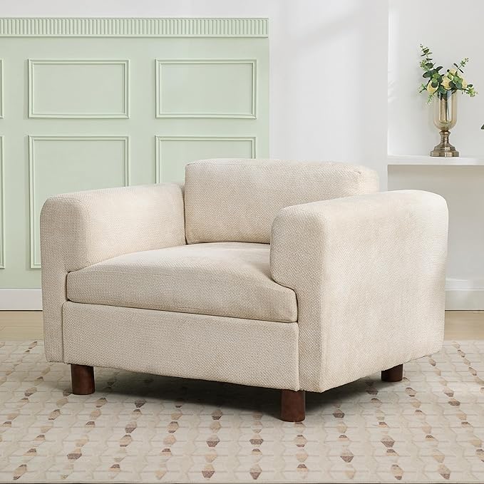 Modern Oversized Armchair Woven Velvet Comfy Accent Chair Single Sofa with Round Rubberwood Legs for Living Room Apartment Offices (Beige-Woven)