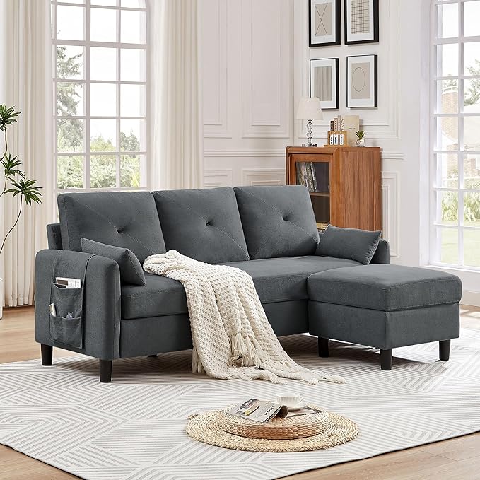 Small Sectional Sofa 3 Seat L-Shaped Couch Convertible Sectional Sofa with Reversible Chaise Modern Linen Fabric Sofa Couches for Living RoomSmall Apartment Dark Grey