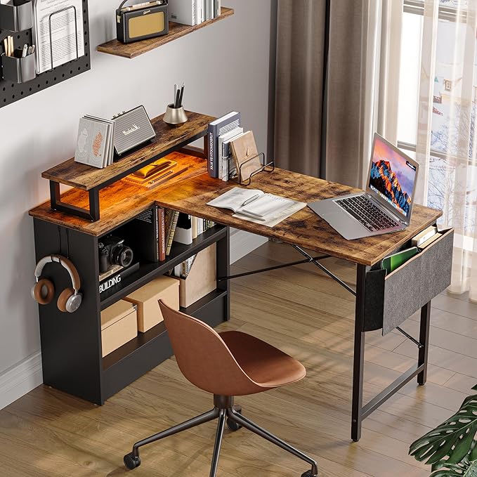 Bestier Small L Shaped Desk with LED Lights 42 Reversible Computer Desk with Open Storage Cabinet &amp Monitor Stand Corner Desk with Side Storage Bag for Home Office Bedroom Rustic Brown