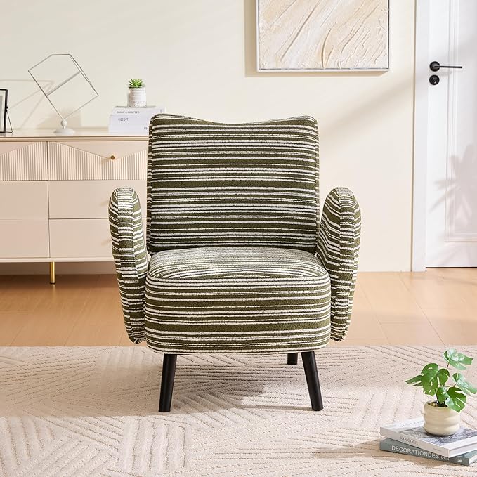 Modern Upholstered Armchair with Side Storage Pocket Fabric Reading Chair with Solid Wood Legs Ergonomic Accent Chair for Living Room Bedroom &amp Office (Green)