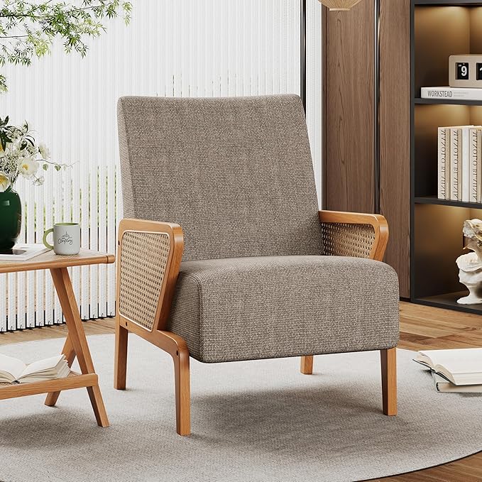 Alunaune Upholstered Natural Rattan Living Room Chairs Accent Chair Armchair Set of 2 Modern Fabric Slipper Club Chair Guest Reception Couch Comfy Single Sofa for Reading Bedroom-Taupe