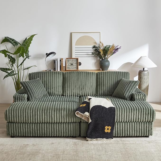 84 W Double Chaise Lounge Chair Indoor Oversized 3 Seater Sleeper Sofa Bed with 2 Ottoman Upholstered Deep Seat Corduroy Couch with 2 Storage Armrests &amp Cup Holder for Living Room Apartment G
