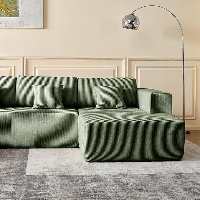 137'' Modular Sectional Couch Modern U-Shaped Floor Sofa with Double Chaise Lounge Comfy Corduroy Fabric Couch Upholstered Corner Free Combination Sofa for Living Room Apartment Green
