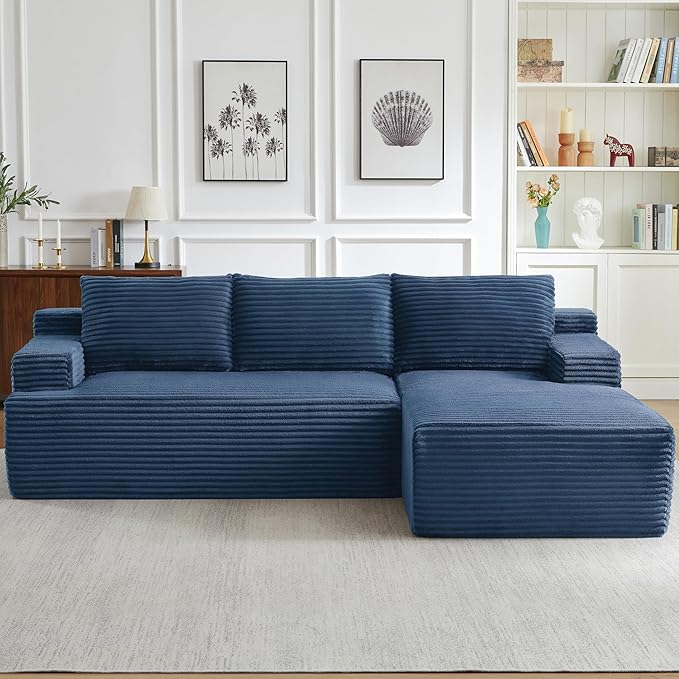 Modern Corduroy Modular Sectional Sofa96.1 Minimalist Style L-Shaped 3 Seat Couch with Side Storage PocketsComfortable Chaise Lounge for Living RoomReception AreaBlue Right Chaise Lounge