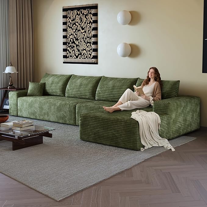 135.4 Boneless Couches for Living Room Modular Sectional Sofa with Oversized Chaise L-Shape Cloud Couch with Deep Seat High-Density Memory Foam No Assembly Required (Green Right Facing Chaise)