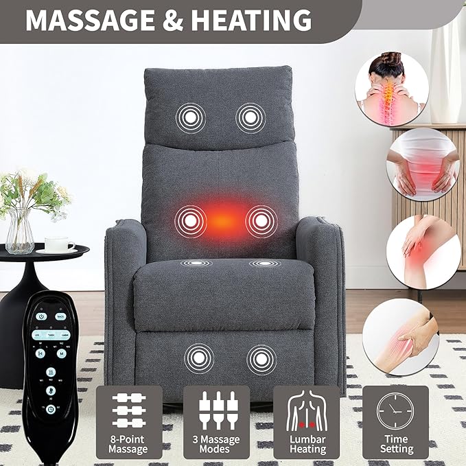 Massage Chair Recliner with Heat Swivel Rocking Chair Recliner with High Back Manual Lazy Boy Recliners for AdultsSmall Recliner Chair for Small Spaces Living Room Bedroom Fabric (Grey)