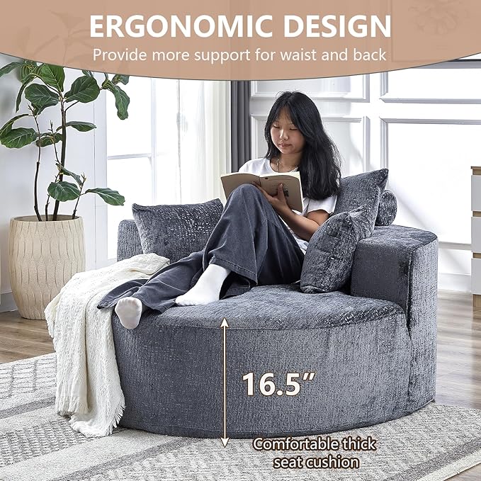 55''W Oversized Round Chair with PillowsComfy Chenille Single ChairOversized Accent Chair with Deep Seat Modern Large Reading Chairs for Living Room &amp Bedroom (Grey)