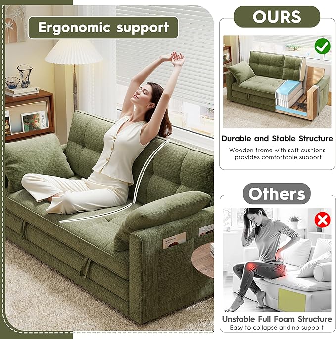 65 Convertible Folding Sofa Bed Pull Out Couch Love Seat Sleeper Bed Small Fold Out Loveseat Sleeper with Cup Holder and Pillow for Small Space Bedroom Lounge Dorm Living Room(Green)