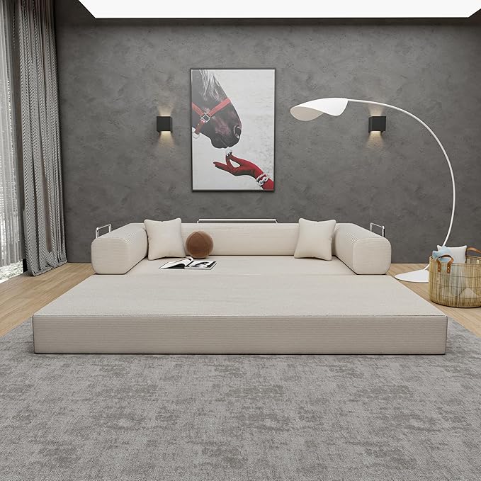 Convertible Sleeper Sofa Bed with Upgraded All High-density 35D Foam No Assembly Foldable Sleeper Couch Folding Floor Boneless Mattress Couch for Living Room Bedroom Apartment Lounge Office Beige