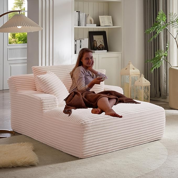 50 Inch Oversized Chaise Lounge Chair Corduroy Upholstered Sleeper Sofa Bed with Spring Cushion No Assembly Lazy Boneless Chaise Lounge for Bedroom Office Pink