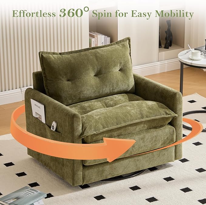 cinkehome Oversized Swivel Chair 36 Swivel Armchair Accent Chair for Living Room Mid Century Modern Thick Padded Arm Chairs Memory Foam Chenille Olive Green
