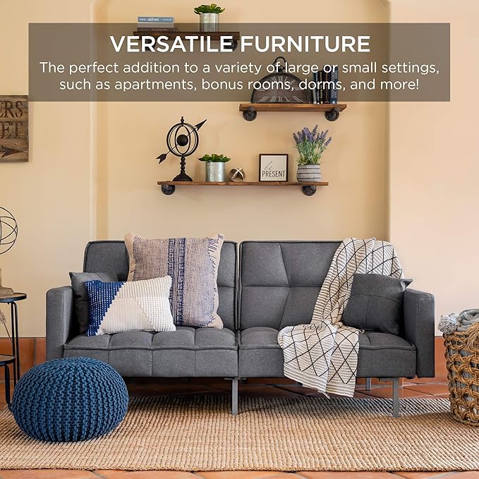 Best Choice Products Convertible Linen Fabric Tufted Split-Back Plush Futon Sofa Furniture for Living Room Apartment Bonus Room Overnight Guests w/ 2 Pillows Wood Frame Metal Legs - Dark Gray
