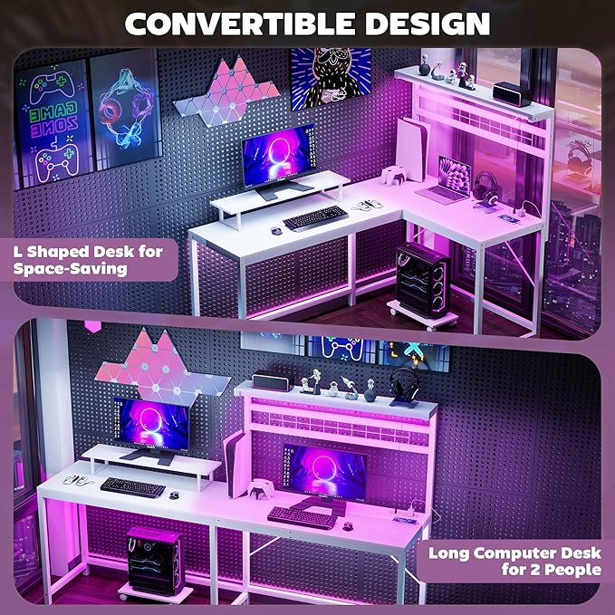 HOMCOM Gaming Desk 62 L Shaped Desk with Power Outlets &amp LED Lights 86 2 Person Computer Table with Shelf &amp Rolling CPU Stand Reversible Corner Office Table with Hutch White